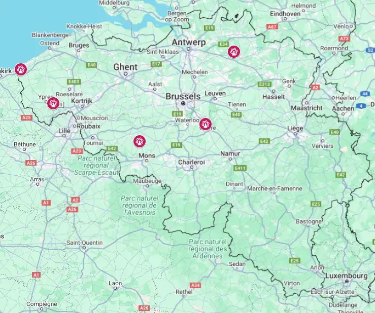 Map showing the major amusement parks in Belgium