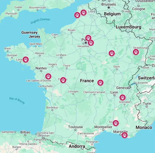 Karte mit den wichtigsten Freizeitparks in Frankreich